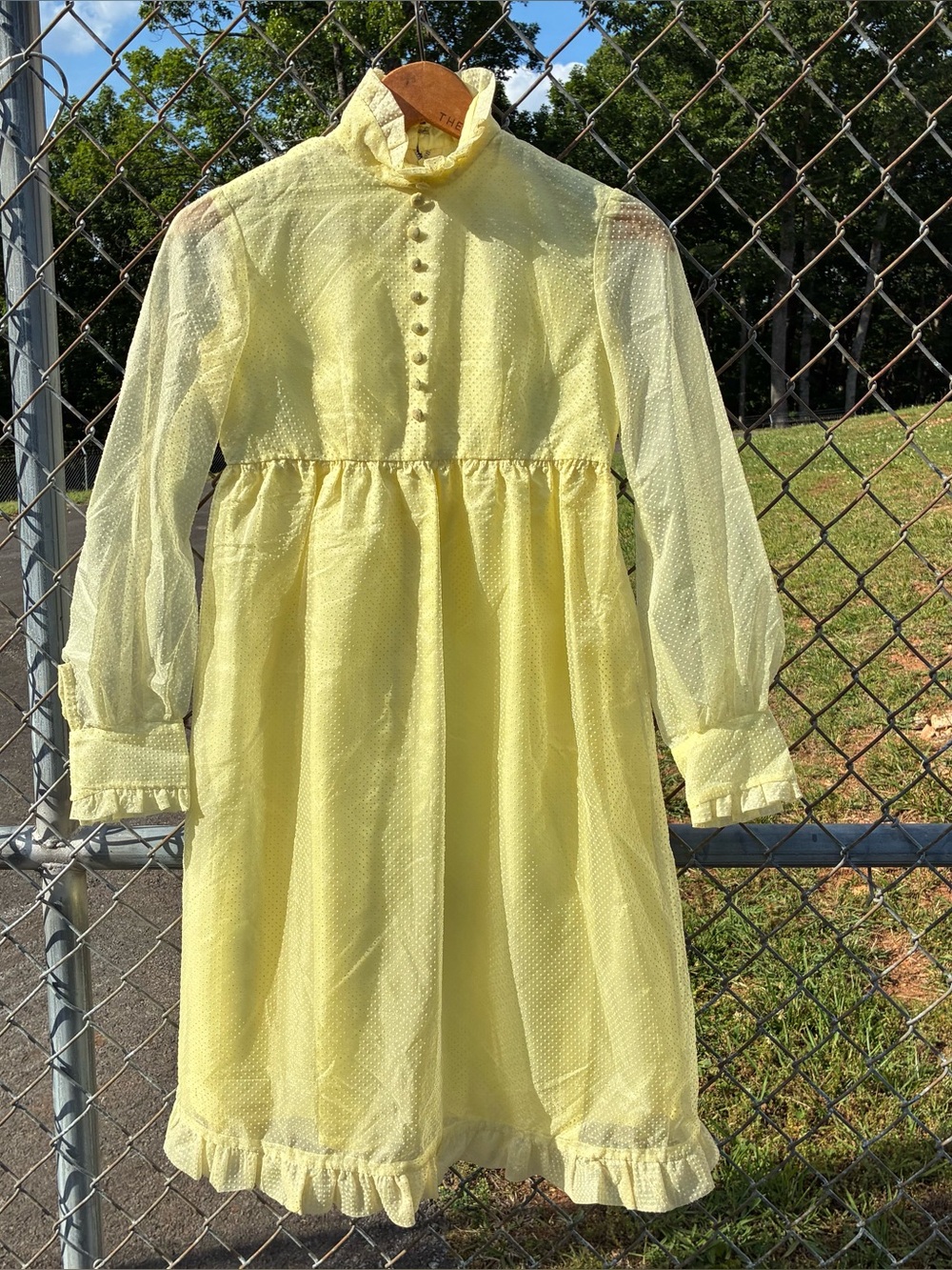 Vintage 1970s Butter Yellow Prairie Dress Girls Swiss Dot Sheer